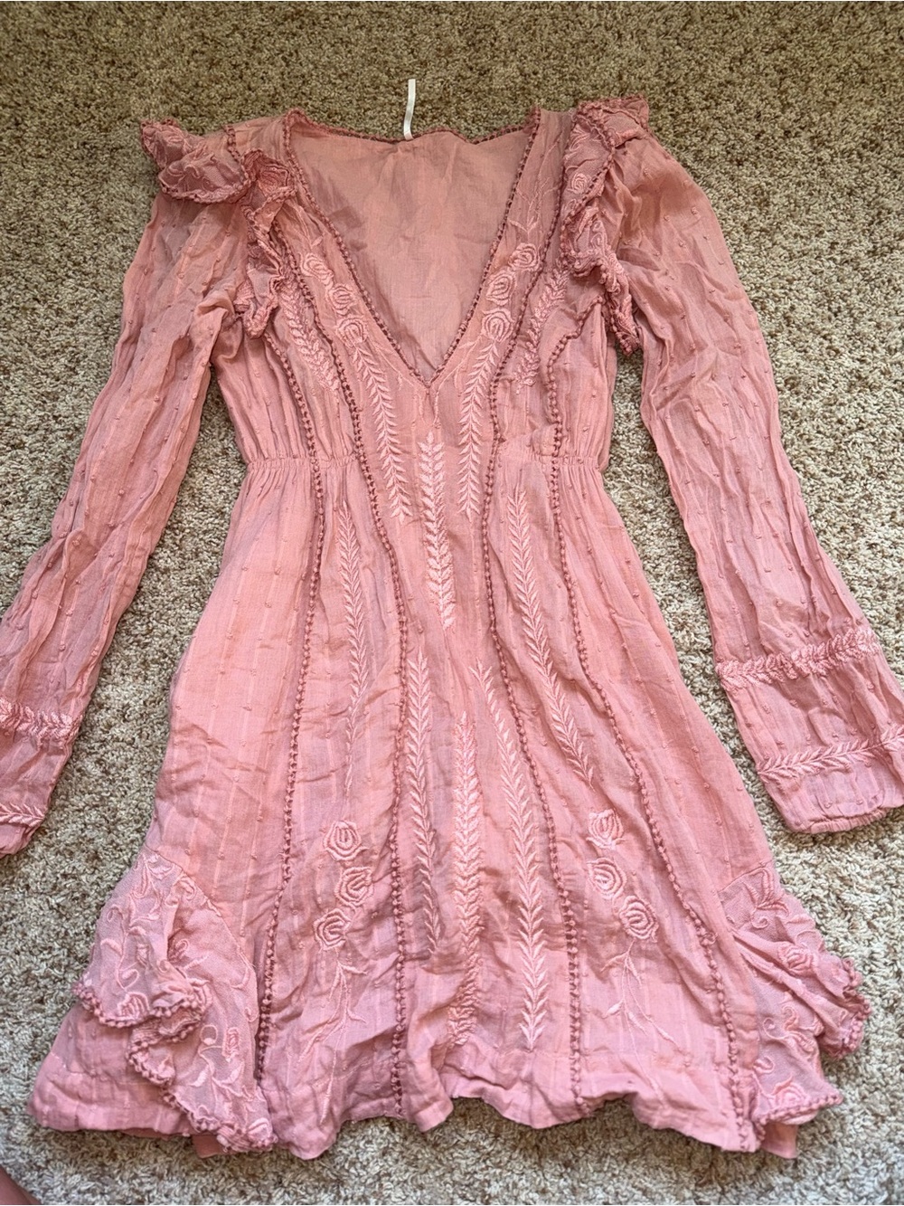 Free People Blush Pink Long-Sleeve V-Neck Lace-Trim Dress
